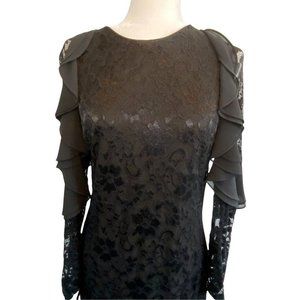 Belle Badgley Mischka Womens Sheath Dress Black Floral Stretch Ruffle Lace 10
